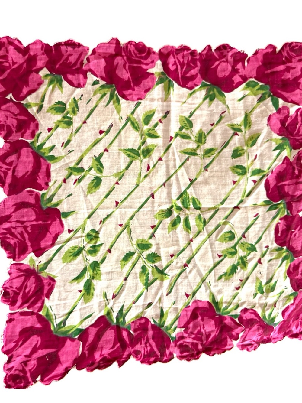 Vintage Floral Pink Rose Border Scarf / Handkerchief